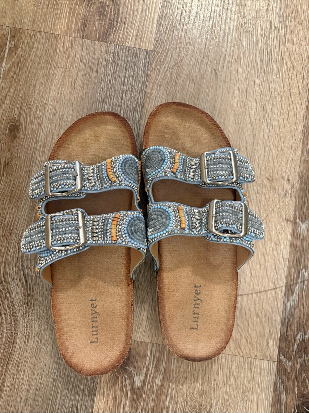Women's Beaded Double-Buckle Slide Sandals in Light Blue and Tan